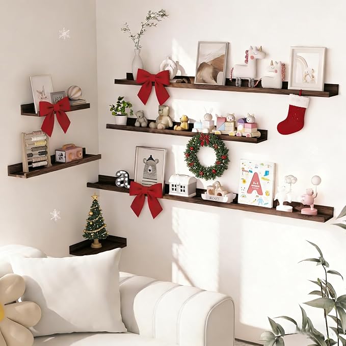 Heimlove Picture Ledge Shelf, Floating Shelves Set of 2, 56 Inches Picture Shelf for Wall with Ledge, Kids Bookshelf Wall Mounted for Living Room Bedroom Decor Books Photo Frames, Walnut