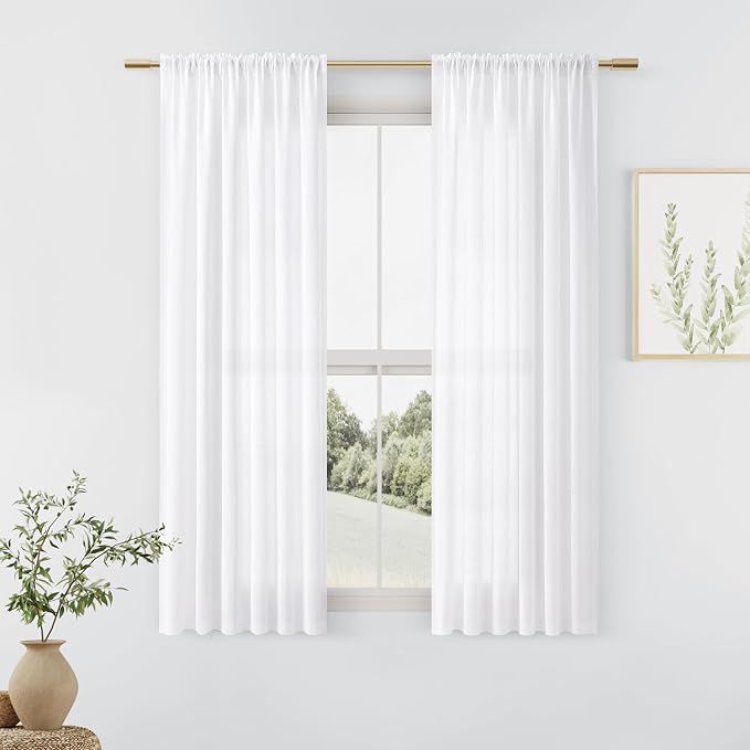 White Linen Curtains 54 Inch Length for Living Room Bedroom 2 Panels Set Rod Pocket Light Filtering Semi Sheer Window Curtains 52 Inch Width Boho Farmhouse Linen Drapes, W52xL54