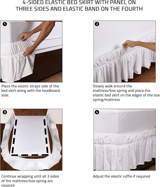MEILA Wrap Around Elastic Bed Skirt for Queen & King Beds, 14" Drop,White | Three-Side Adjustable Elastic Dust Ruffle, Ruffled Polyester Fabric, Easy to Install, Fade Resistant & Machine Washable