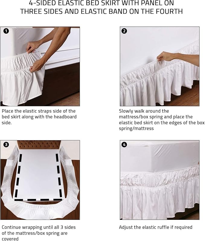 MEILA Wrap Around Elastic Bed Skirt for Twin & Full Beds, 14" Drop, White | Three-Side Adjustable Elastic Dust Ruffle, Ruffled Polyester Fabric, Easy to Install, Fade Resistant & Machine Washable
