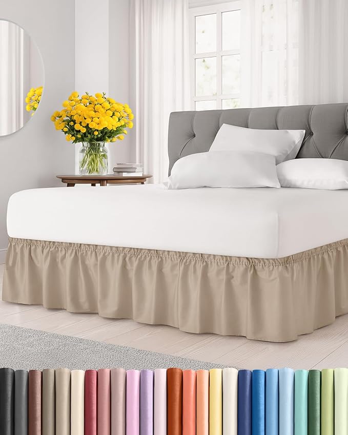 Wrap Around Dust Ruffle Bed Skirt, Queen Size Beds - 18 Inch Drop, Cream | Easy Fit Elastic Strap, Adjustable Pleated Bedskirt w/Brushed Fabric, Wrinkle & Fade Free, for Women, Men, Kids & Teens