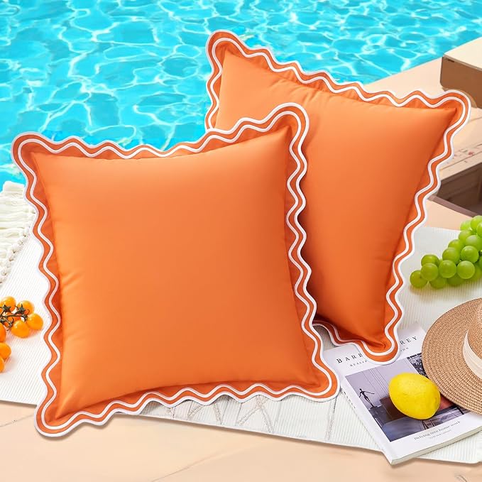 Autumn Burnt Orange Scalloped Outdoor Throw Pillow Covers 18x18 Set of 2