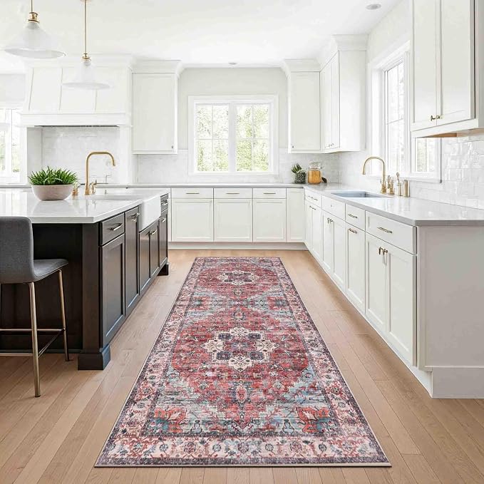 Machine Washable Area Rug, Soft & Durable, Non-Slip, Stain Resistant Rug for Bedroom, Living Room, Dining Room, High Traffic Areas. (Red/Sky Blue, 2.5' X 7')