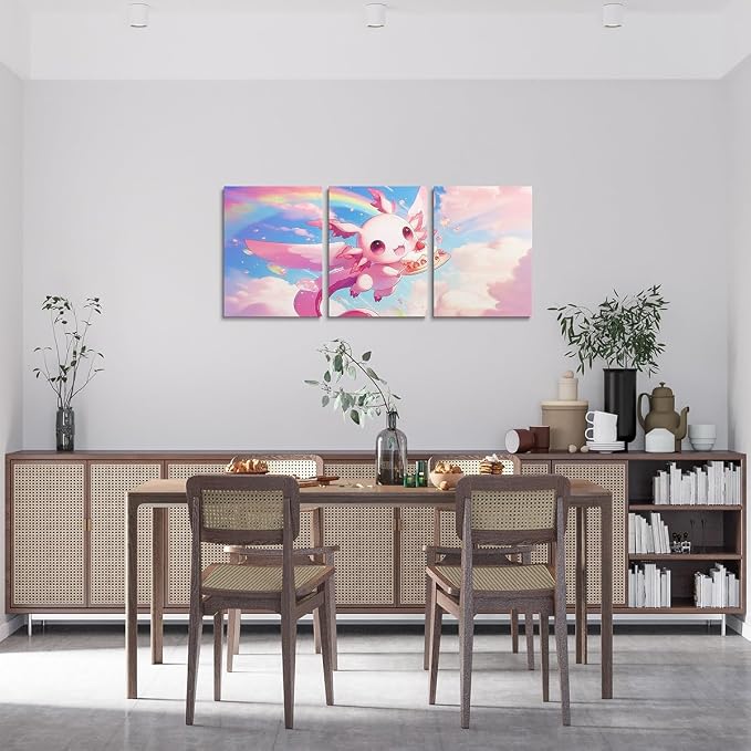 Feelyou Kids Cute Axolotl Wall Painting Posters Galaxy Cloud Picture Wall Decor Boys Girls Cartoon Animal Canvas Wall Art Living Room Bedroom Dreamy Rainbow Teens Bathroom Wall Art 12"x16"x 3Pcs