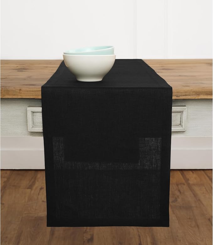 Solino Home 100% Pure Linen Table Runner Black Extra Long, Fete 14 x 144 in | styles dining tables for meals and celebrations, European flax fibres, handloomed texture, soft, fine, OEKO-TEX Certified