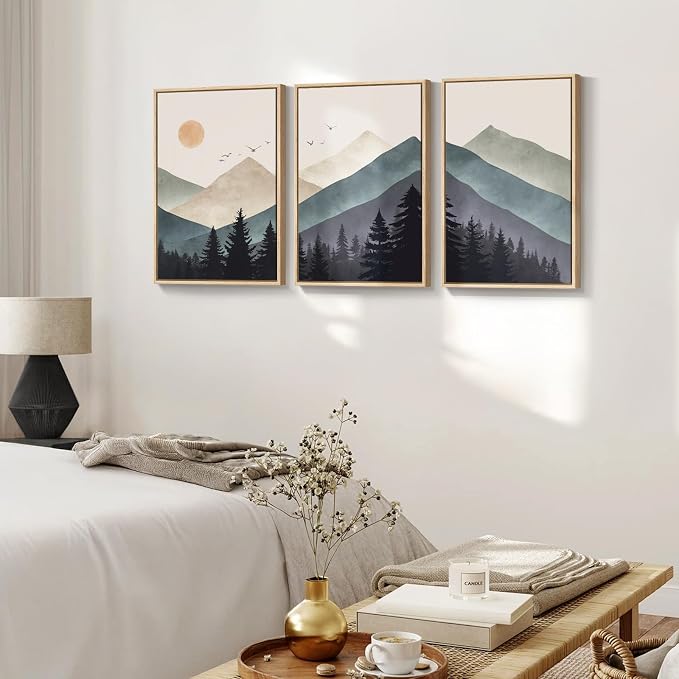 Framed Boho Mountain Forest Landscape Wall Art for Living Room, 16x24 Inch | 3 piece, Modern, Minimalist, Large, Canvas artwork, Nature, Pine tree picture, Bedroom wall decor, Ready to hang, Wood frame