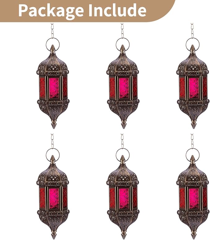 6 Pcs Hanging Hexagon Decorative Moroccan Candle Lantern Holders, Handmade Hanging Tea Light Holder in Bronze Metal & Red & Purple Glass Gift & Decor Items