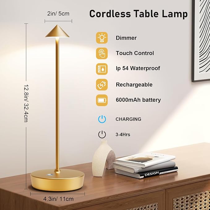 Cordless Rechargeable Led Table Lamp Battery Operated Light Gold