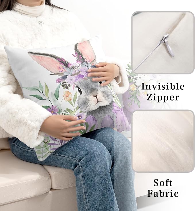 Set of 2 Easter Pillow Covers 16x16 Bunny Eggs Throw Pillow Covers Floral Cross He is Risen Pillow Cases Purple Happy Easter Decorative Pillowcases for Home Outdoor Spring Decor