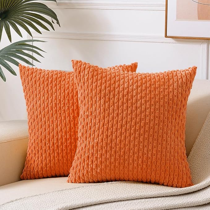 Fancy Homi 2 Packs Orange Fall Decorative Throw Pillow Covers 18x18 Inch for Couch Living Room Bed Sofa, Halloween Pumpkin Autumn Home Decor, Soft Cute Plush Corduroy Striped Cushion Case 45x45 CM