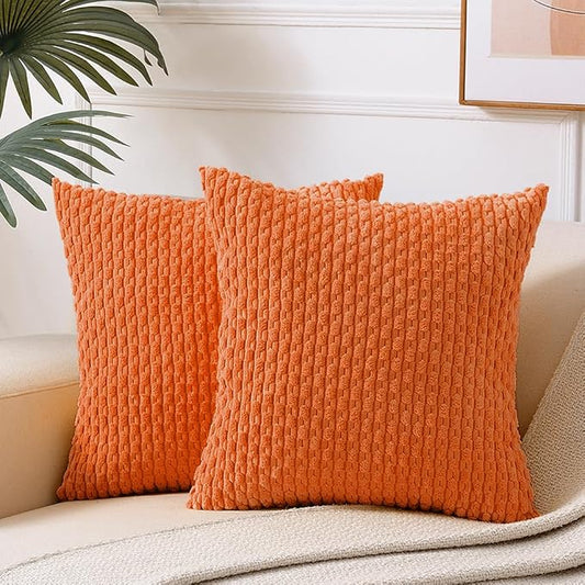 Fancy Homi 2 Packs Orange Fall Decorative Throw Pillow Covers 18x18 Inch for Couch Living Room Bed Sofa, Halloween Pumpkin Autumn Home Decor, Soft Cute Plush Corduroy Striped Cushion Case 45x45 CM