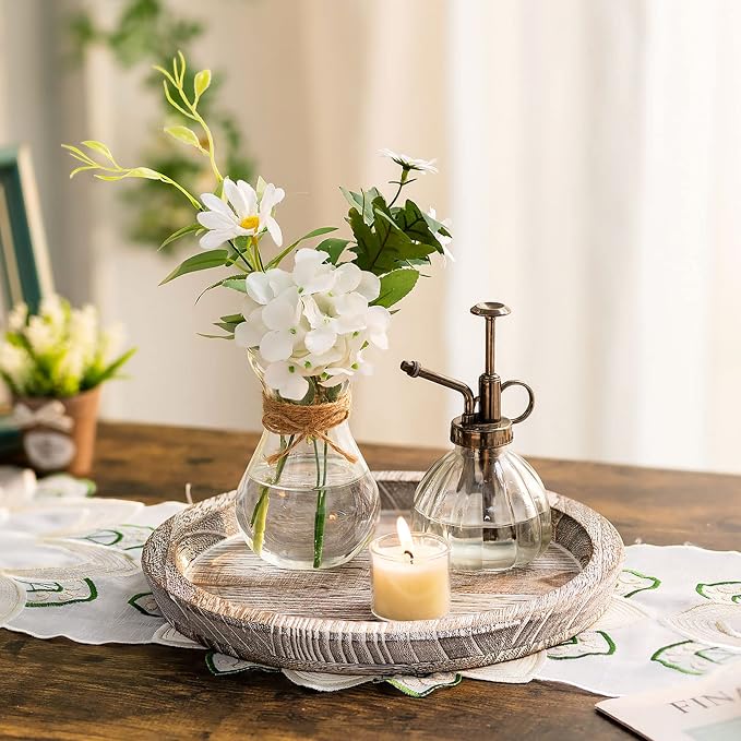 Romadedi Farmhouse Wooden Candle Tray, 11 Inch Round, Whitewashed
