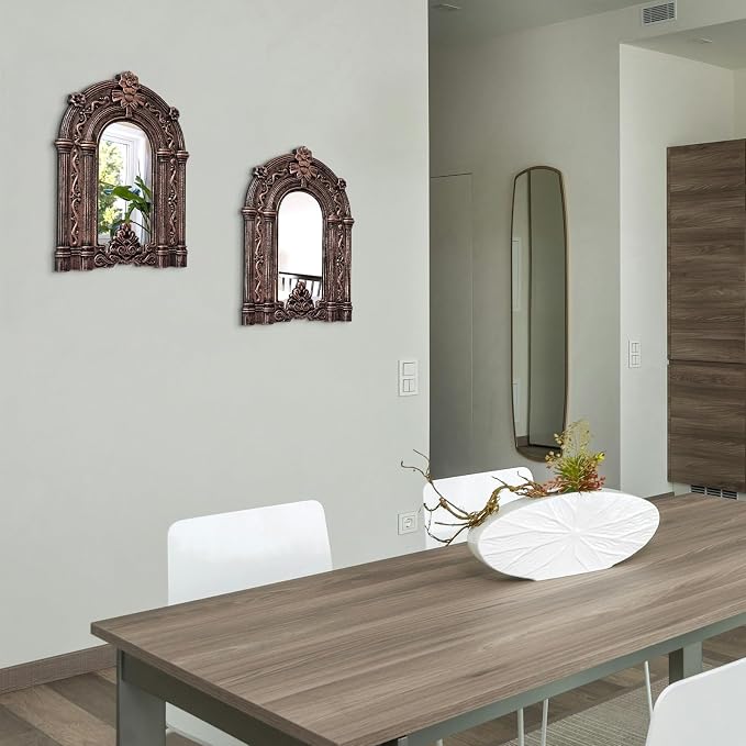 2 Set Wood Carved Window Mirrors 3D Relief Arched Wall Decor Roman Column Antique Home Accent Small Decorative Mirrors for Living Room, Bathroom, Entryway