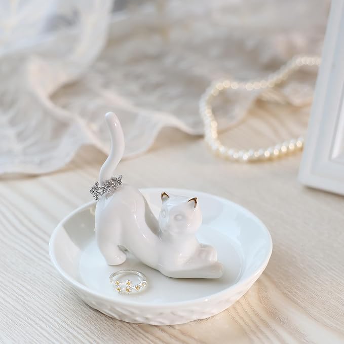 HOME SMILE Ceramic White Cat Ring Holder, Cat Jewelry Tray for Cat Lovers for Women, Christmas, Valentine's Day, Mother's Day