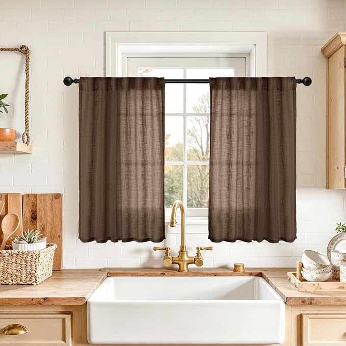 YoungsTex Brown Linen Curtains 36 Inches Long - Small Drapes Semi Sheer with Rod Pocket Back Tab Rustic for Bathroom Kitchen Windows, 2 Panels, 34 X 36 Inch