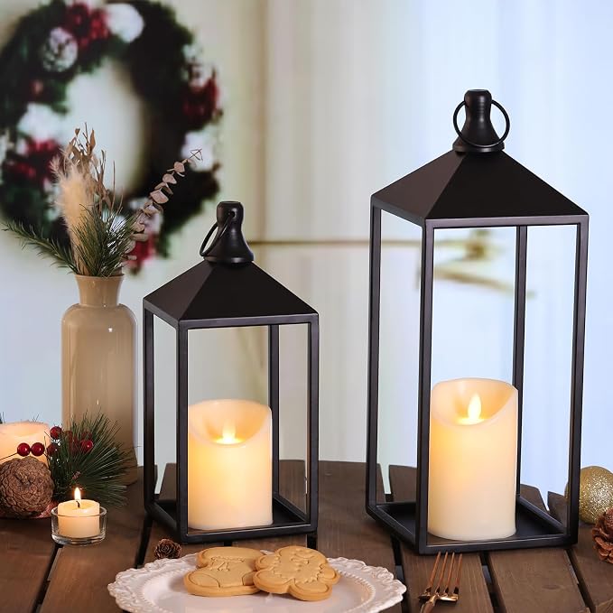 2 Pcs Black Decorative Metal Lanterns Farmhouse Lantern Decor with Candles | 15" 11" Outdoor Candle Lanterns for Covered Patio, Porch, Fireplace Mantel, Table Centerpiece, No Glass Lantern Decor