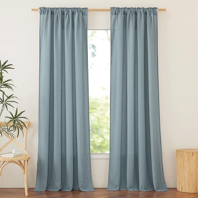 NICETOWN Rod Pocket & Back Tab Thick Flax Semi Sheer Linen Curtains, Privacy with Light Filtering Panels for Home Decor, Stone Blue, W55 x L95, 2 Panels