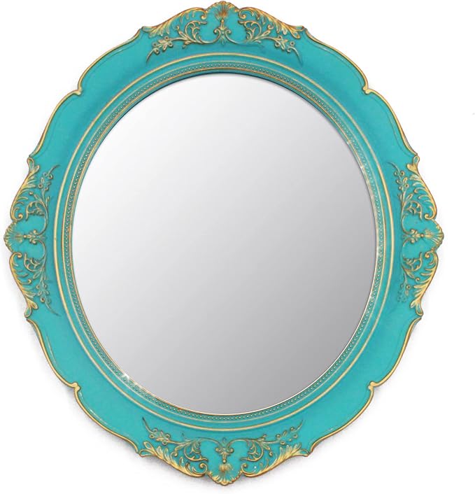Eaoundm 13.1 x 14.8 inchs Decorative Wall Mirror, Oval Blue Plastic Frame | Vintage Hanging Mirrors for Bedroom Living-Room Dresser Decor