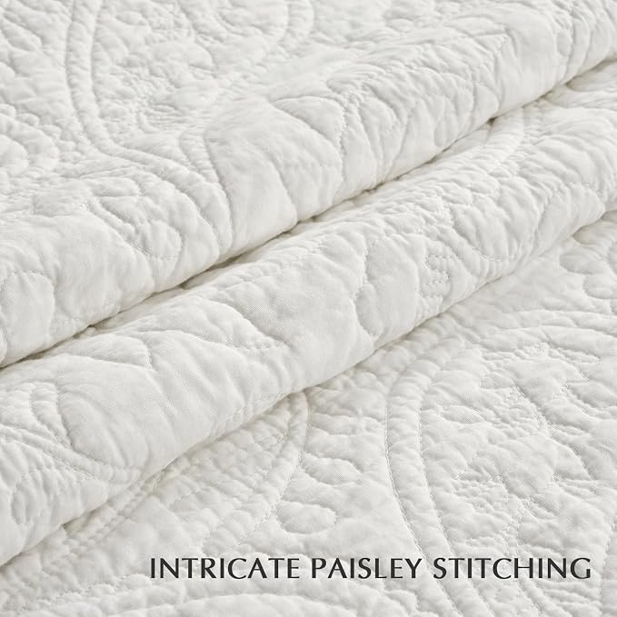 EVERGRACEHOME 100% Cotton Paisley Quilt Set, Queen Size, Bright White | Prewashed for Softness, Year-Round Breathability, Gift-Ready Box, Matelasse-style Quilted Coverlet, 3 Piece Set with 2 Shams