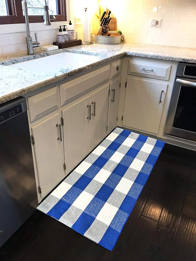 LEVINIS Farmhouse Doormats 51.2''x23.6''- Cotton Hand-Woven Blue Buffalo Plaid Outdoor Rug/Kitchen Rugs/Bathroom Rug/Laundry Room Rug, Front Porch Décor