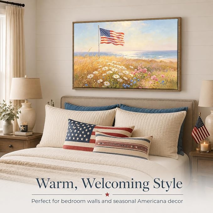American Flag Framed Canvas Wall Art, 4th of July Floral Canvas Prints | Wildflower Landscape Poster Print, Vintage Rustic Independence Day Wall Decor for Bedroom Living Room Office 24×32in
