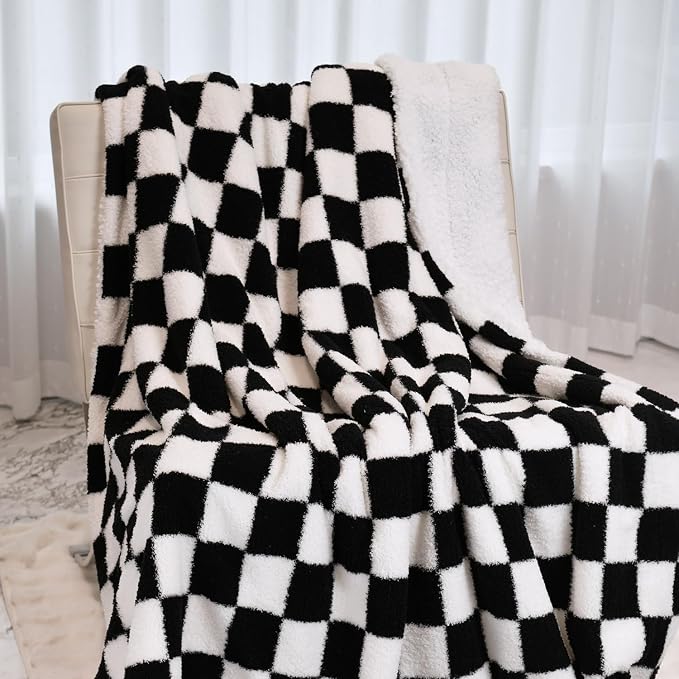 MERRYLIFE Checkered Sherpa Throw Blanket for Couch Bed Black White 60" 70" | Decorative, Knitted, Checkerboard Grid Pattern, Ultra-Plush Soft, Fuzzy Cozy, Widely Use, Gift Choice, Machine Wash