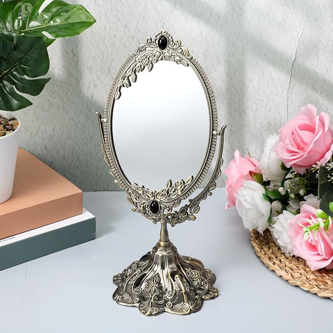 Vintage Double Side Makeup Mirror Floral Tabletop Oval Vanity Swivel Double-Sided-Mirror Vintage Swivel Double Sided Cosmetic Mirror with Stand for Dressing Room Bedroom (Bronze)