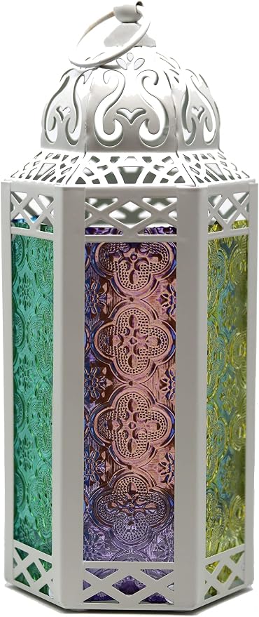 Vela Lanterns Decorative Indoor Moroccan Candle Holder, Multi-Colored, M | Rainbow Glass Decor for Easter, Votive Pillar Lamp, Colorful Turkish Tealight Centerpiece, Diwali Wedding, 10.5in Tall