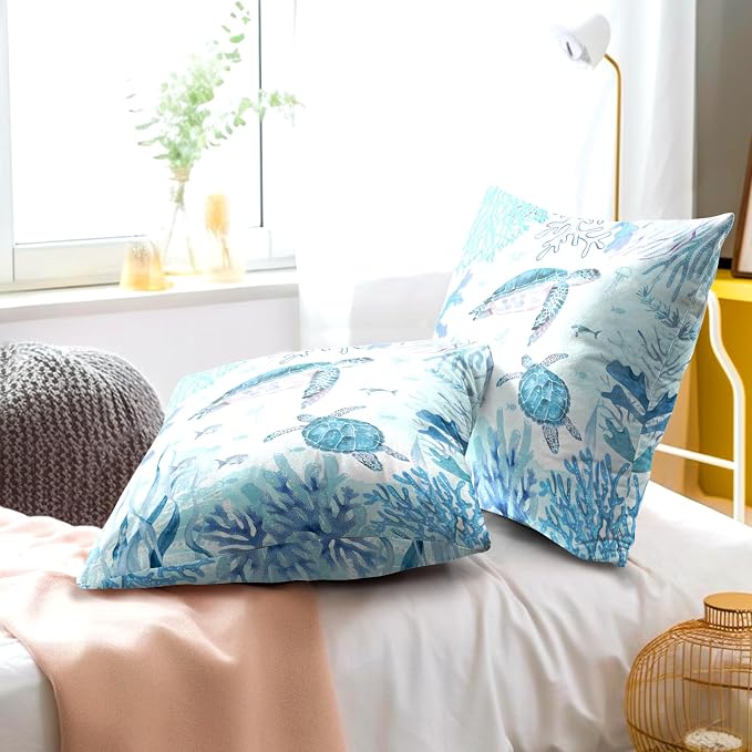 Set of 2 Sea Turtle Throw Pillow Cover 18x18 inch Nautical Coastal Ocean Coral Decorative Pillowcase Underwater Tropical Ocean Teal Blue Summer Cushion Covers for Home Couch Sofa