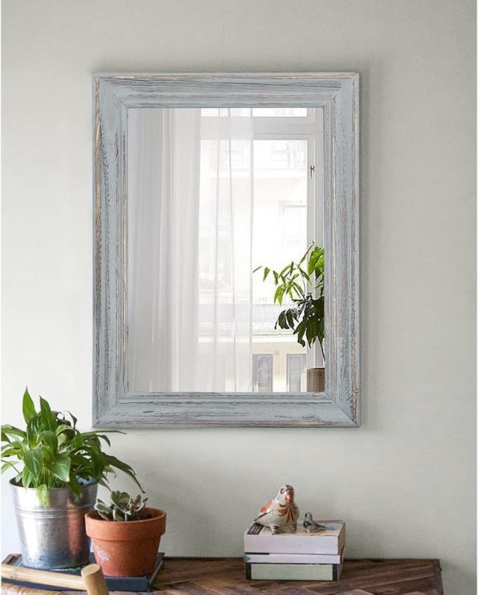 Wooden Mirror Rectangle Rustic Hanging Mirror Farmhouse Modern Bathroom Bedroom Wall Mirror Decor Grey Retro Grey 16inchx12inch