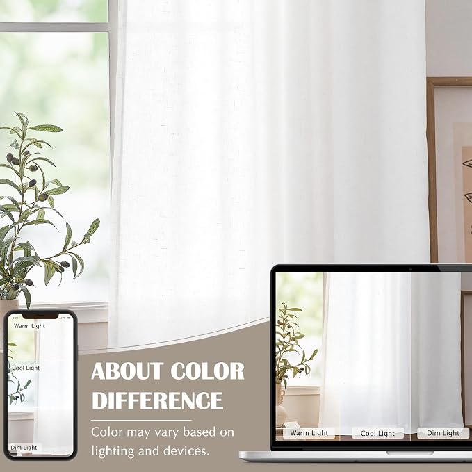 jinchan Linen Curtains Light Filtering Back Tab 50x63 Inch 2 Panels White | Semi Sheer Curtains 63 inch length for Bedroom Living Room, Modern Farmhouse Drapes with Rod Pocket, Natural Boho Curtains
