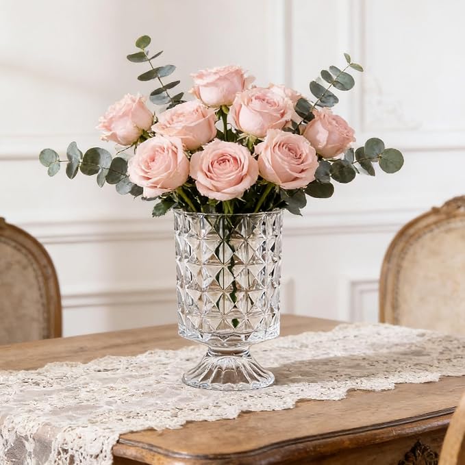 BLOFLO Embossed Glass Vase, 7'' Crystal Glass Vases for Flowers, Pedestal Big Base Glass Bouquet Vase, Hydroponic Glass Transparent Vase for Home Office Wedding Dining Table Party