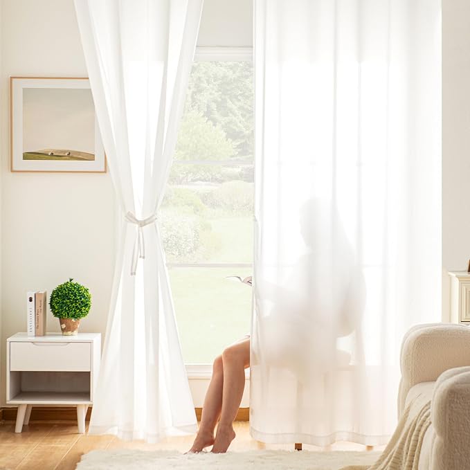 DWCN Non-See-Through White Privacy Sheer Curtains Light Filtering Window Curtains Drapes for Living Room Bedroom 42x96 Inch, 2 Panel