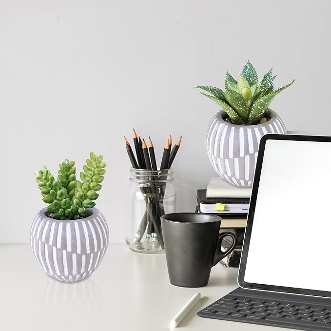 Winlyn Set of 3 Artificial Succulents Plants in Mini Gray and White Geometric Cement Pots Faux Potted Plants Aloe Pachyphytum Succulent Donkey Tail Small Plant for Home Office Table Shelf