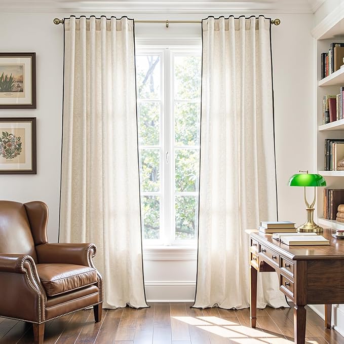 jinchan Beige Linen Curtains with Black Trim Back Tab 50x108 Inch 2 Panels | Semi sheer light filtering, modern farmhouse curtains for living room and bedroom, back tab rod pocket, machine washable