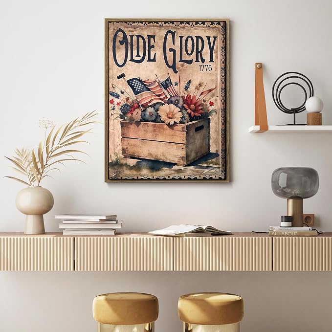 American Flag Framed Canvas Wall Art, 4th of July Patriotic Canvas Prints | 1776 American Flag Poster Print, Vintage Independence Day Wall Decor for Bedroom Living Room Dining Room Office 24×32in