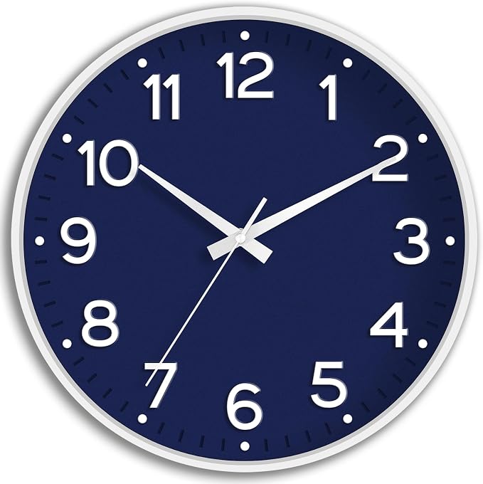 Roymnie 10 Inch Wall Clock Battery Operated Silent Non Ticking Analog | Navy Blue modern analog; large 3D easy-read dial for kitchen, office, bathroom & bedroom; 1 AA battery (not included)
