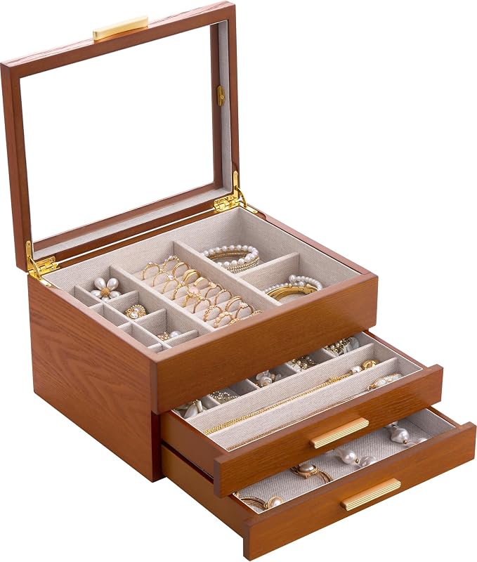 Lolalet Jewelry Box, Clear Window Wood Grain Jewelry Storage for Earrings Bracelets Necklaces Rings, High Capacity Organizer for Women, Valentine's Day Gift -Cherrywood, 3 Layers