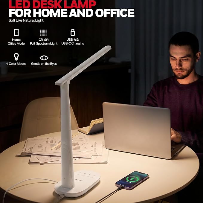 Honeywell LED Desk Lamp Home Office Dimmable 4 Color Reading Light USB Port