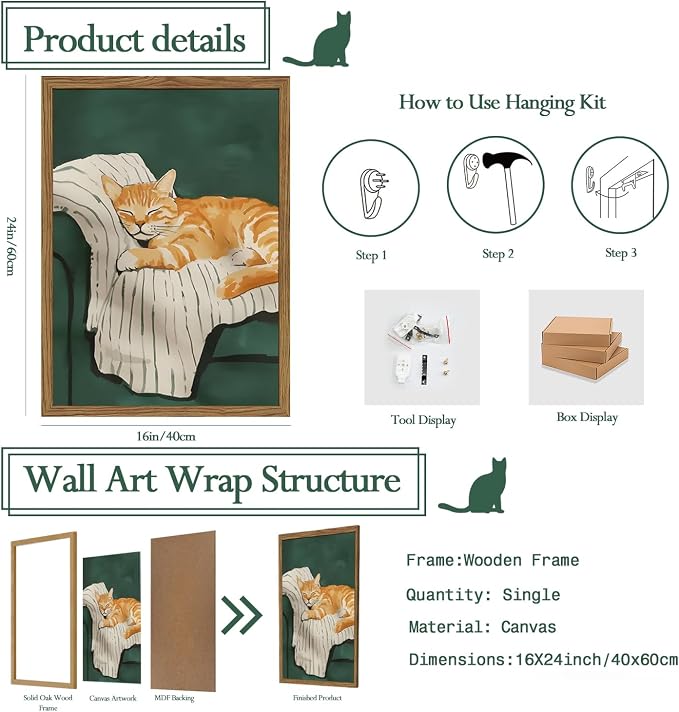 Funny Cat Wall Art Cute Cat Sleeping on Couch Wall Decor Painting Orange Pet Kitty Portrait Pictures Prints Contemporary Animal Canvas Artwork for Bedroom Living Room 16x24 inch Wood Framed