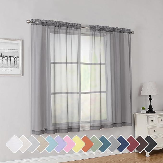 Simplebrand Rod Pocket Top Solid Voile Sheer Curtains for Bedroom, 54 Inch Length Drapes Set of 2, Lightweight and Light Filtering Elegant Ivory Curtains Panels Window Treatment, 42W×54L, Grey