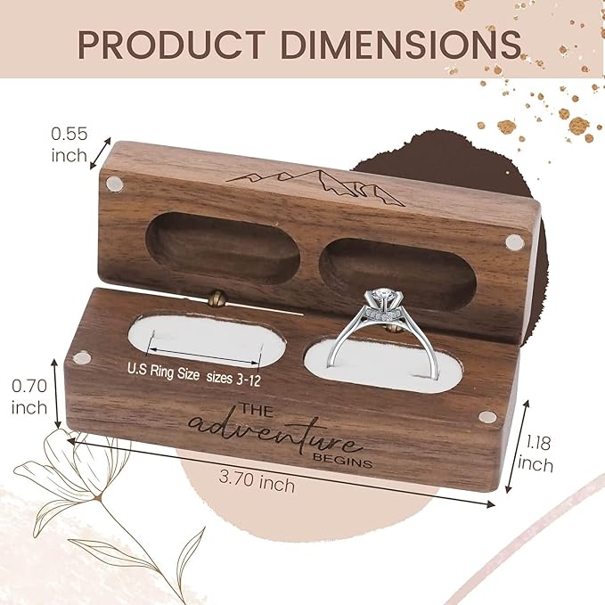 Engraved Flip Wooden 2 Ring box for wedding -Rustic Vintage Solid Wood rectangle Jewelry Storage Box