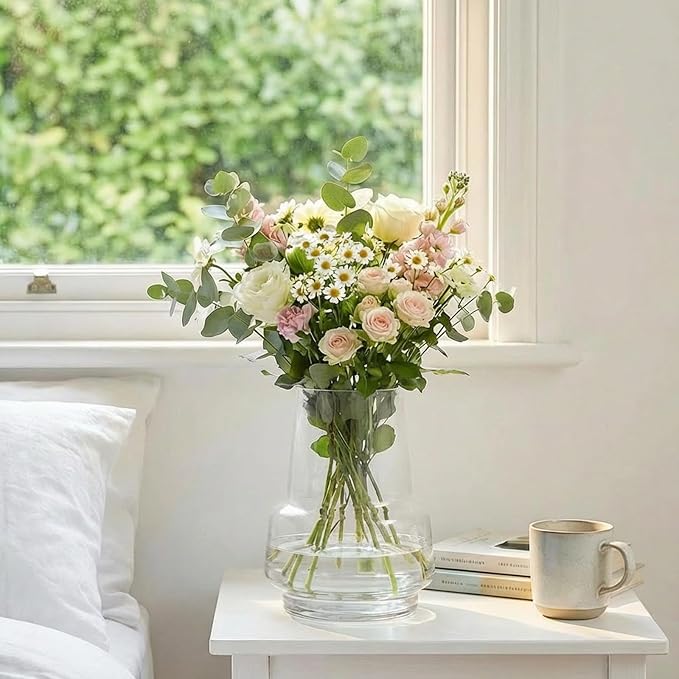 Relexome Clear Glass Flower Vase for Centerpieces Bouquet Flowers Modern Wide Mouth Glass Vase Decorative Bud Vases for Home Decor, Living Room, Kitchen, Dining Table, Entryway 7.3 Inch