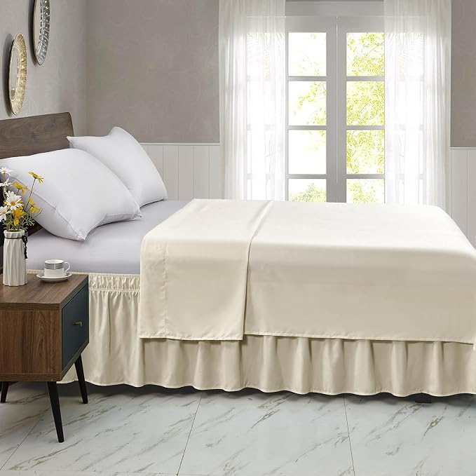 FreshCulture Twin Bed Skirt, Elastic Wrap Around Bed Skirt Twin Size, Bed Skirts for Adjustable Bed, Easy Fit with 15 Inch Drop Length, Hotel Quality Dust Ruffle for Twin Bed (Cream)
