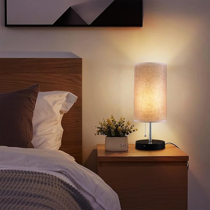 Siljoy Modern Desk Lamp, USB Table Lamp, Bedside Table & Desk Lamp with Black Wooden Base & Soft Ambient Lighting, Useful USB Charging Ports Perfect for Table in Bedroom Living Room or Office