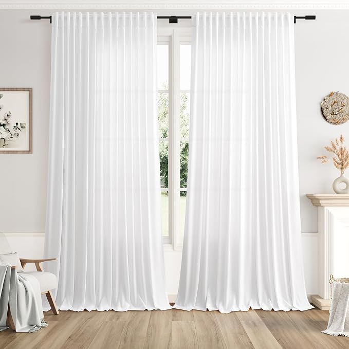 Extra Wide Linen Curtains for Living Room 108 Inch Length for Room Divider White Rustic Farmhouse Drape Rod Pocket Back Tab Light Filtering Bedroom Window Curtain for Sliding Door 100x108