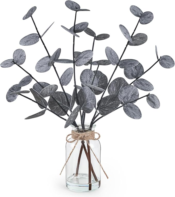 Bessol Artificial Eucalyptus Stems in Glass Vase with Faux Water Halloween Decor, 14” Fake Plants for Home Decor Table Centerpieces Office Bathroom Faux Plants Indoor Black Decorations