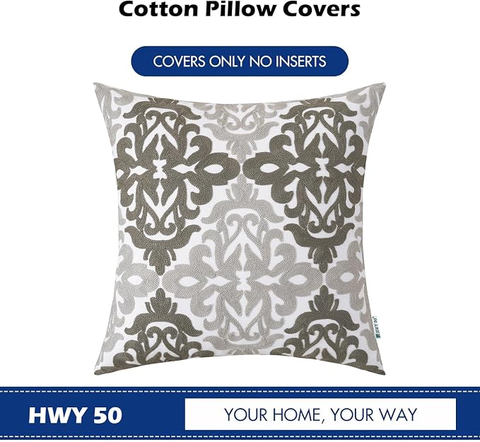 HWY 50 Grey Gray Decorative Throw Pillow Covers 18x18 Inch (1 Piece), Embroidered Cotton Farmhouse Cushion Cover Pillow Case for Sofa Couch Living Room Bed Bedroon, Floral Geometric