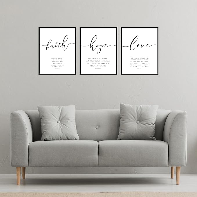 BigWig Prints Bible Verse Prints, Faith Hope Love, Set of 3, 12x16 in | Uplifting Scripture for Prayer Room or Study, Great Gift for Bible Study Groups, Unframed