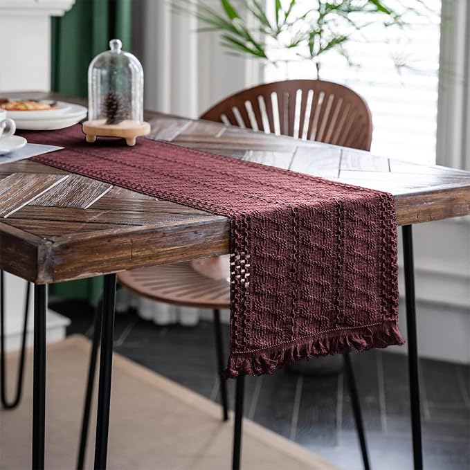 Macrame Table Runner Burgundy Boho Table Runners with Tassels 12x60in | Alynsehom Hand Woven Cotton Table Runner Rustic Farmhouse Table Runners for Bohemian Kitchen Dining Table